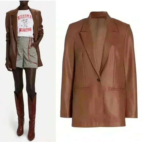 Staud Madden Womens Faux Vegan Leather Oversized Brown Blazer Jacket L Long $495 - Picture 15 of 15